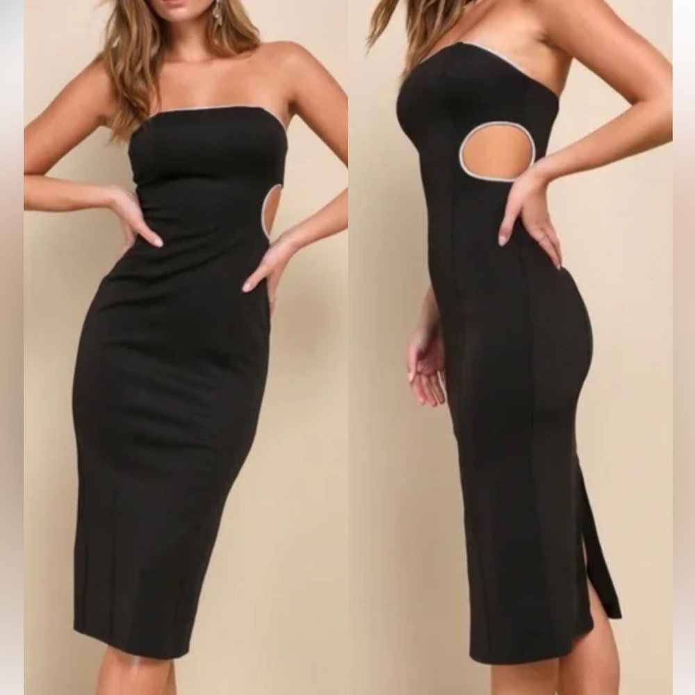 BNWT Lulus Iconic Mood Black Scuba Knit Rhinestone Strapless Midi Dress